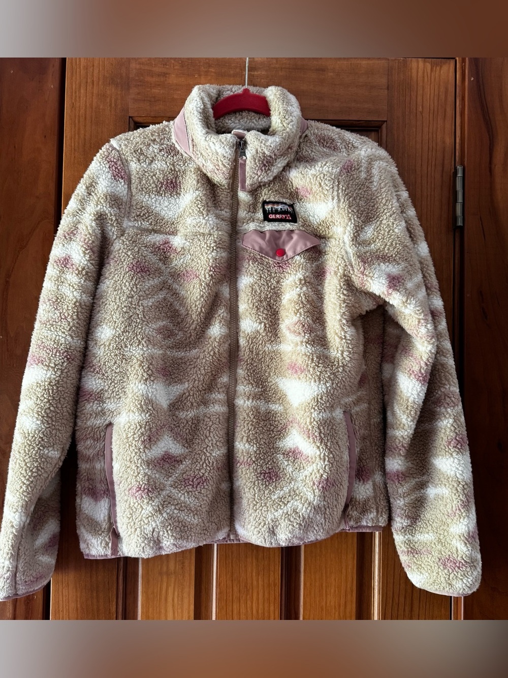 Gerry Sherpa Full Zip Jacket Womens Small Pink Khaki Aztec Fleece Warm Fuzzy